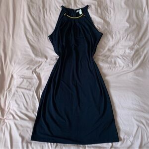 Michael Kors Women's Medium Navy Blue Gold Chain Halter Neck Dress